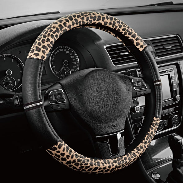 Road Comforts Leopard Steering Wheel Cover - Made with PVC Leather Cheetah Print - Anti-Slip, Universal Fit 14 1/2 Inches to 15 Inches - Black