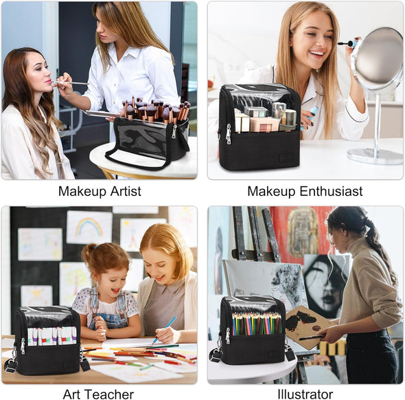 Makeup Brush Case Stand-Up Makeup Cup Travel Professional Cosmetic Bag Artist Storage Bag Large Makeup Brush Bag with Adjustable Divider (Large, Black)