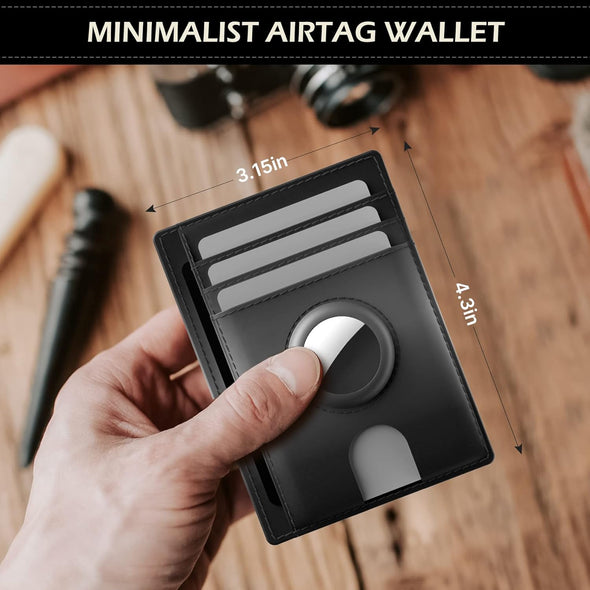 Slim Minimalist Airtag Card Wallet for Men, Front Pocket Premium Crazy Horse Leather Wallet with Airtag Holder, RFID Blocking Cash Credit Card Wallet Compatible with Airtag (Black)
