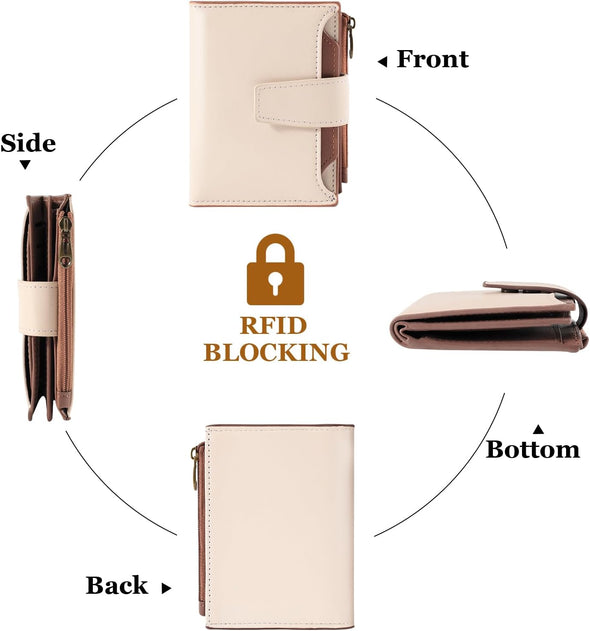 Small Wallet Women RFID Blocking Soft Leather Bifold Compact Card Holder Wallet for Women with Zipper Coin Pocket 4 ID Window