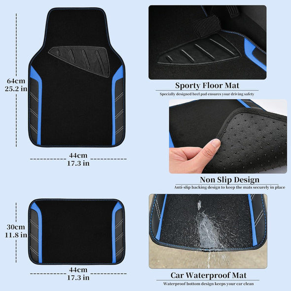CAR PASS Leather Steering Wheel Cover and Waterproof Car Floor Mats,Microfiber Universal Car Combo Fit for 95% Sedan,Suv,Cars,14.5-15Inch Sporty Anti-Slip Safety Comfortable Design(Black＆Blue)