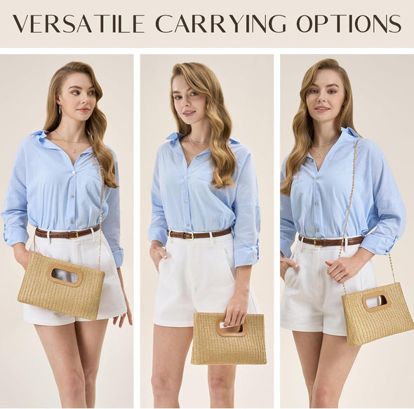Chic Straw Clutch Purses for Women with Top Handle Summer Bag, Ideal Vacation Handbags and Woven Boho Beach Bags