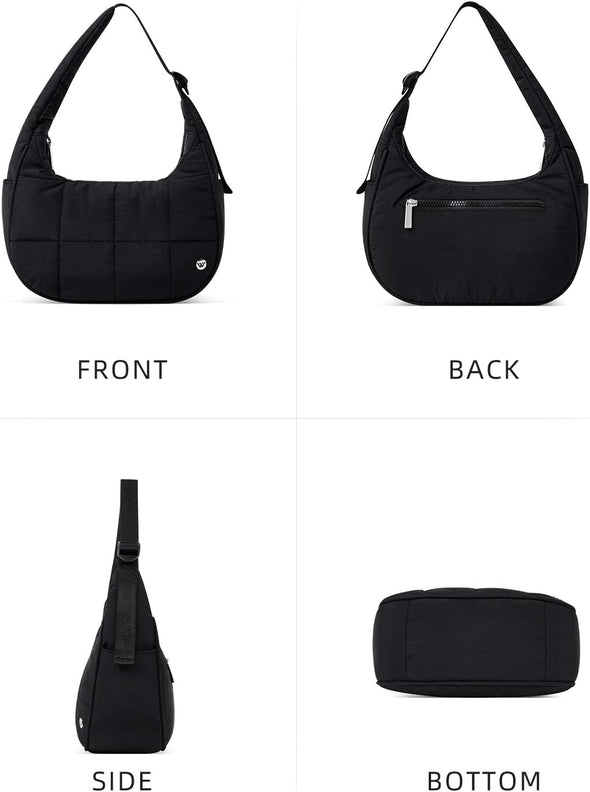 WESTBRONCO Small Puffer Crescent Shoulder Bag for Women, Nylon Quilted Shoulder Purses, Puffy Handbags with Adjustable Strap