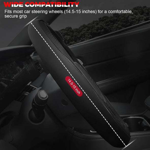 Ouzorp Car Steering Wheel Cover, Microfiber Leather Steering Wheel Covers with Anti-Slip Lining, Universal 14.5-15 Inchs Black