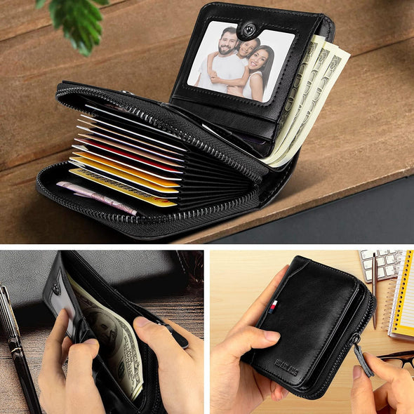 HUANLANG Mens Wallet RFID Blocking Multi Card Holder Wallets for Men Bifold Wallet with Zipper Small Men'S Leather Wallet