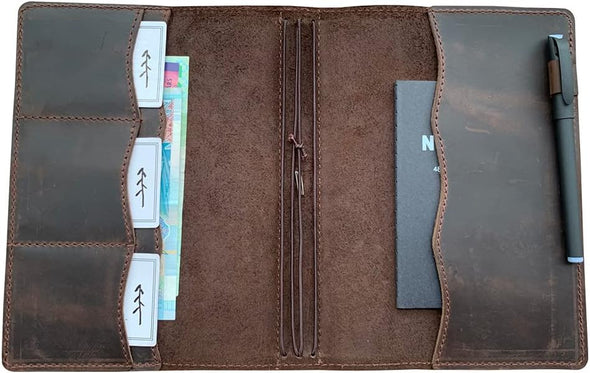 Newestor Travelers Notebook Cover with Inner Pockets, Card Slots and Pen Holder, A5 Size, Dark Brown