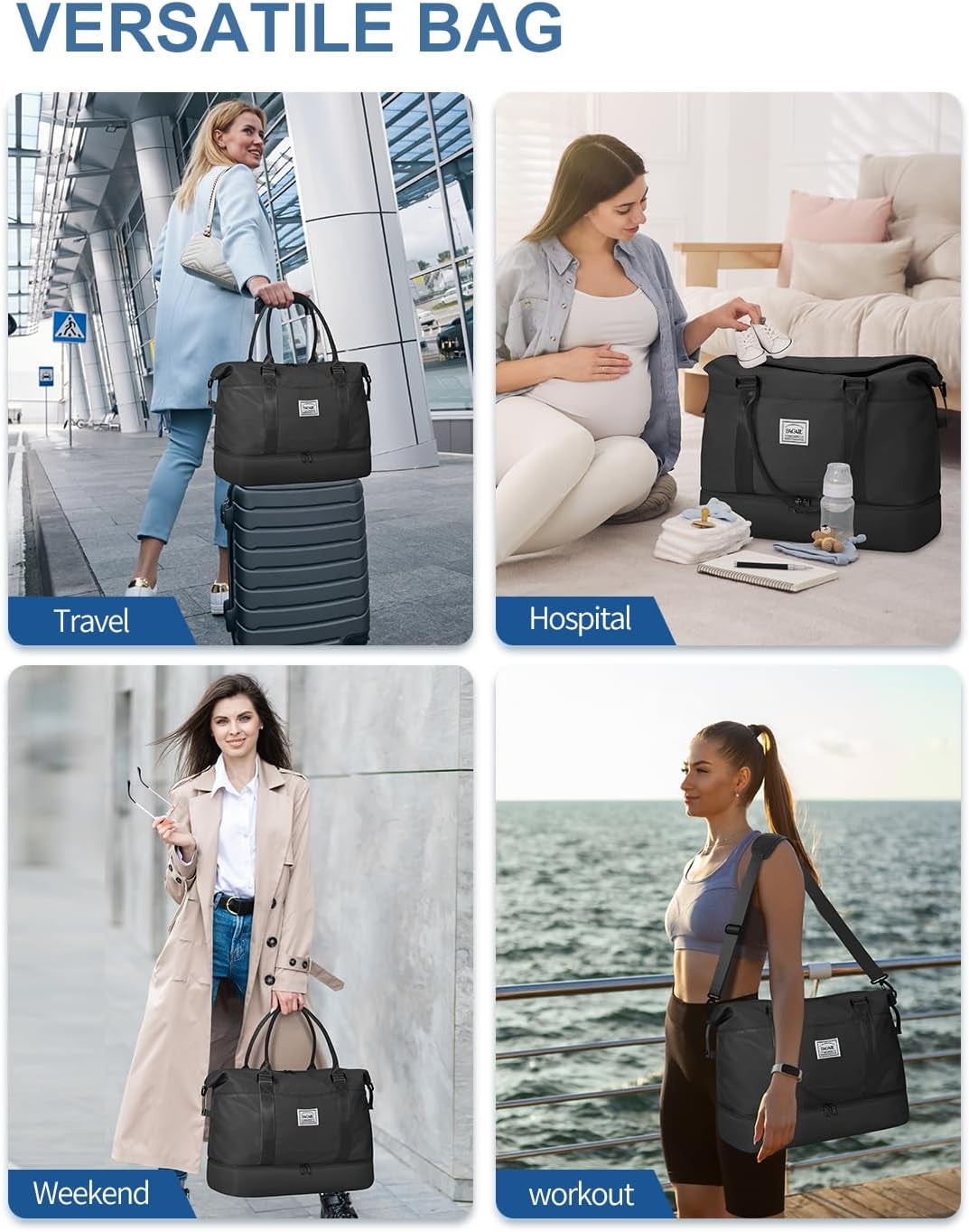 bagail travel luggage duffel bag lightweight for sports gym vacation Travel Duffel Bag, Weekender Bags for Women, Overnight Gym Carry On Tote Bag with Wet Pocket,, B-Black · Travel Bag Upgraded