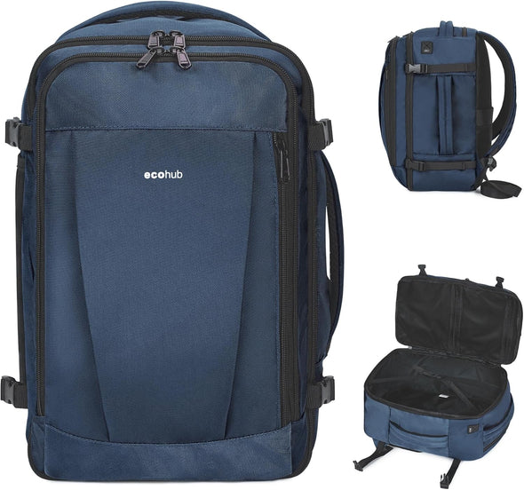 ECOHUB Travel Backpack 18X14X8 Spirit Airlines Personal Item Bag Carry on Backpack 13 Pockets Large Work Casual Daypack for Men Airline Approved Waterproof Gym Backpack with Charging Port, Blue