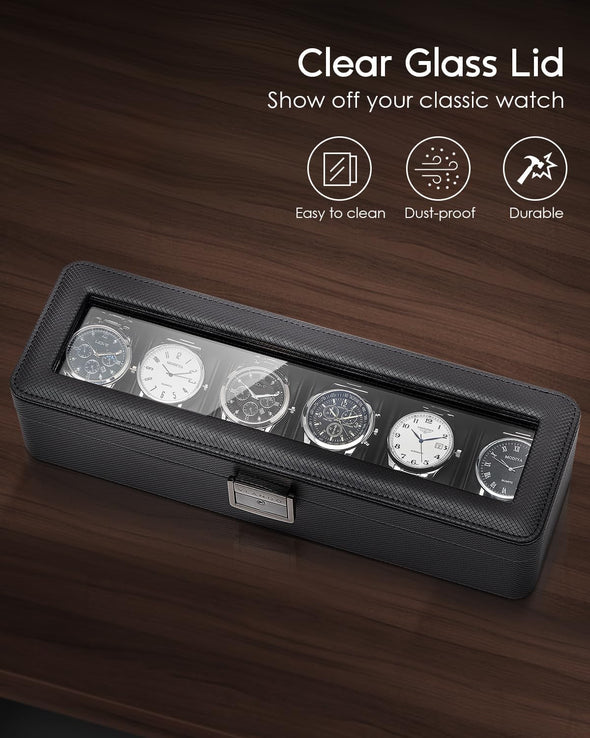 Vlando Watch Case for Men, 6-Slot Watch Box with Glass Lid, Lockable, Business Textured Leather, Soft Pillow, Gift for Fathers, Husband, Friend - Black