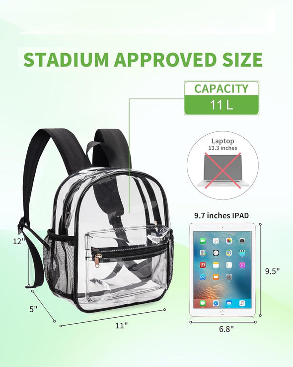 MAY TREE Clear Backpack for Stadium Events, 12X11X5 Inches Small Clear Backpack for Concert Festival Sports Outdoor - Black