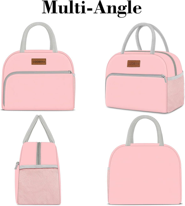 Coobiiya Lunch Bag for Women Men, Insulated Reusable Picnic Bag, 10.8"L X 6.3"W X 8.85"H, Pink