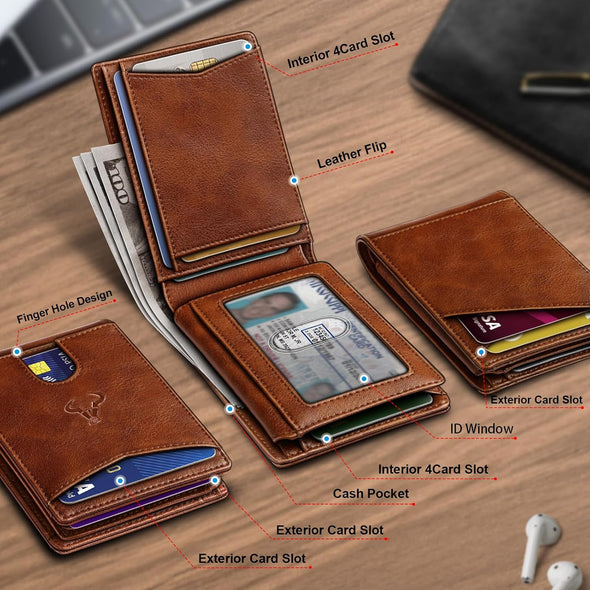 BULLIANT Men Wallet, Slim Leather Wallet Front Pocket Card Holder Gift for Men 11 Slots RFID Blocking