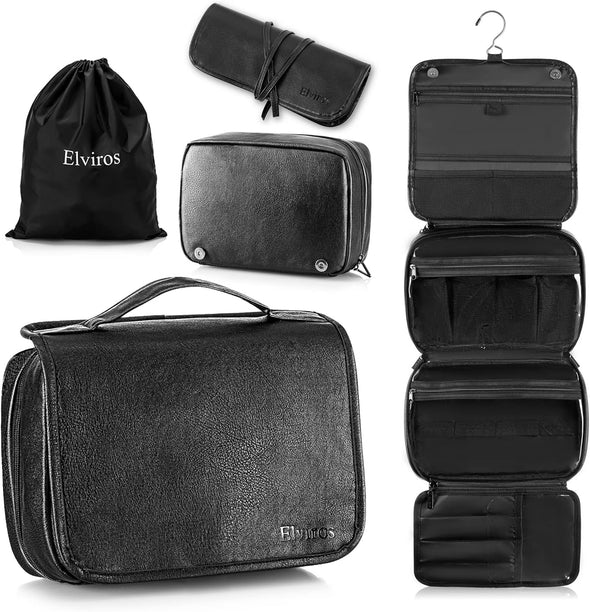 Elviros Hanging Toiletry Bag Removable Travel Bag PU Leather Makeup Cosmetic Organizer Kit, Black