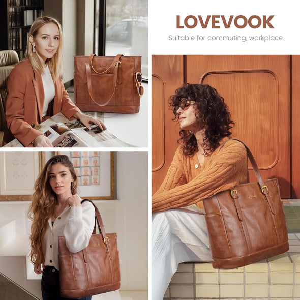 LOVEVOOK Laptop Tote Bag for Women,Vintage Leather Work Tote Bag for Women, 15.6 Inch Computer Briefcase Bag,Waterproof Teacher Business Office