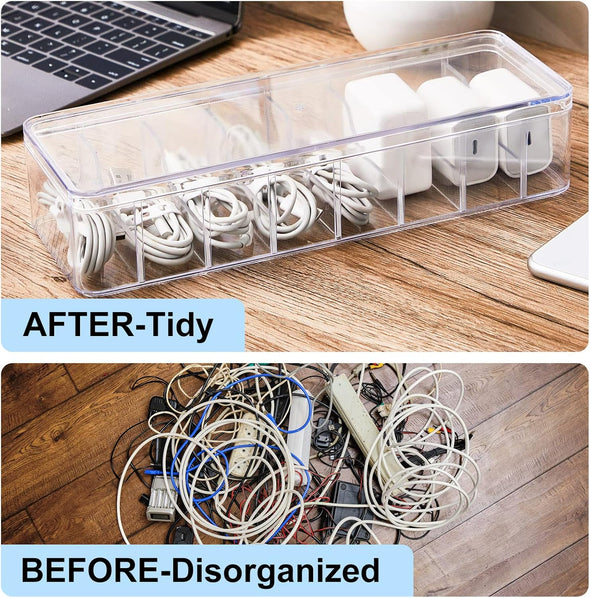 Tatuo 2 Pcs Cable Organizer with 20 Wire Ties,Clear Plastic Cord Charger Storage Box with Clear Lid for Home Office Desk Organization and Accessories