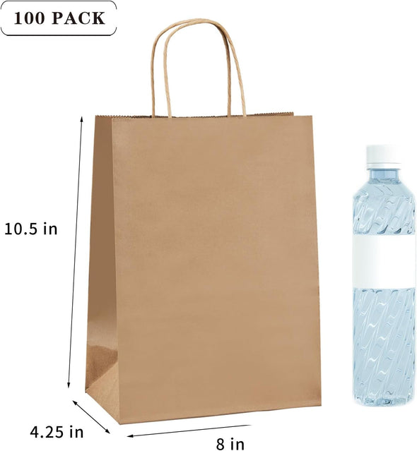 Vanhel 100 Pack Brown Paper Bags with Handles,8X4.25X10.5 Inches,Gift Bags Medium Size,Gifts Bag Bulk for Festival,Birthday, Favor,Party,Shopping,Retail Merchandise