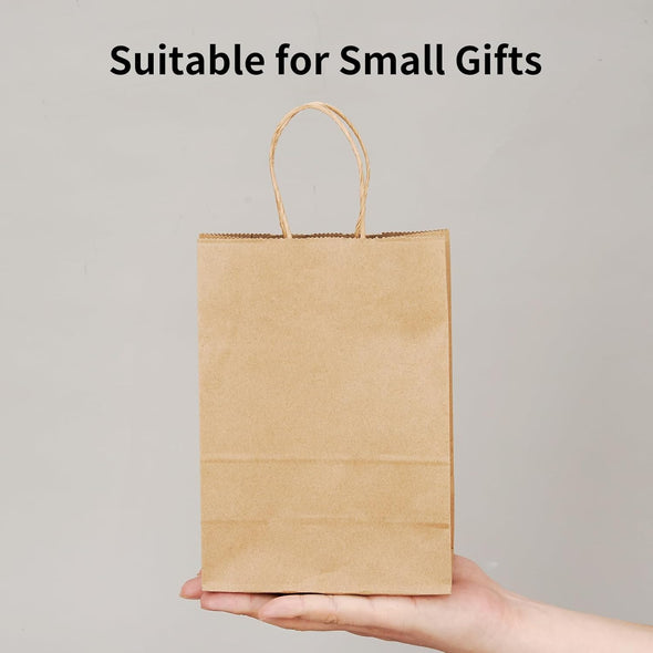 100 Pack 5.8X3.2X8.25 Inch Brown Kraft Paper Gift Bags with Handles - Bulk Small Plain Natural Bags for Birthday Party Favors, Grocery, Retail Shopping, Wedding, Craft, Goody, Takeouts, and Business