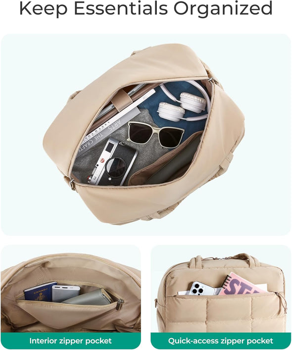 BAGSMART Puffer Travel Duffel Bag, Small Gym Bag for Women, Water-Resistant Weekender with Shoe Compartment, Camel