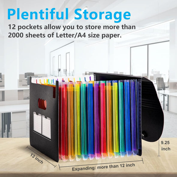 Sooez Accordion File Organizer, 13 Pockets Expanding File Folder, Portable Monthly Paper Bill Tax Receipt Organizer, Letter A4 Size Document Holder with Blank Labels, Black