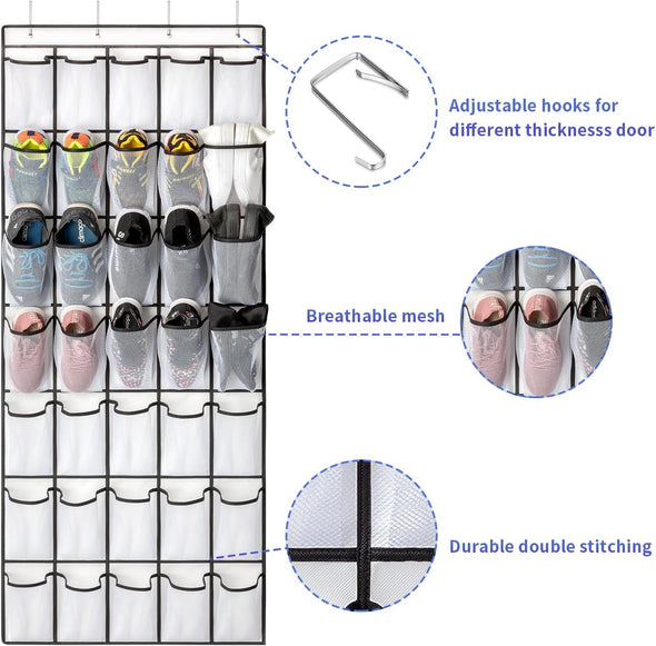 35 Pockets over the Door Shoe Organizer, Hanging Shoe Organizer for Door with 35 Mesh Pockets Large Capacity Shoe Hanging Storage Bag with 4 Metal Hooks (White-1Pack)