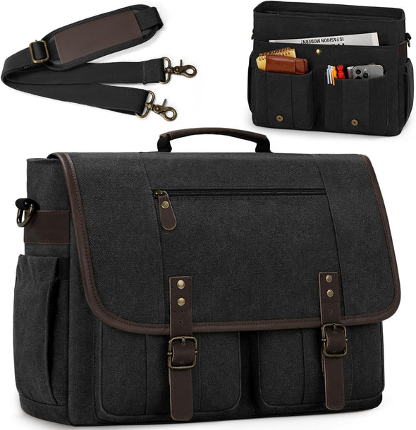 RAINSMORE Mens Messenger Bag 17-17.3 Inch Vintage Canvas Briefcase Water-Resistant Large Computer Laptop Bag Rugged Satchel Shoulder Bag for Work Travel, Bookbag for College