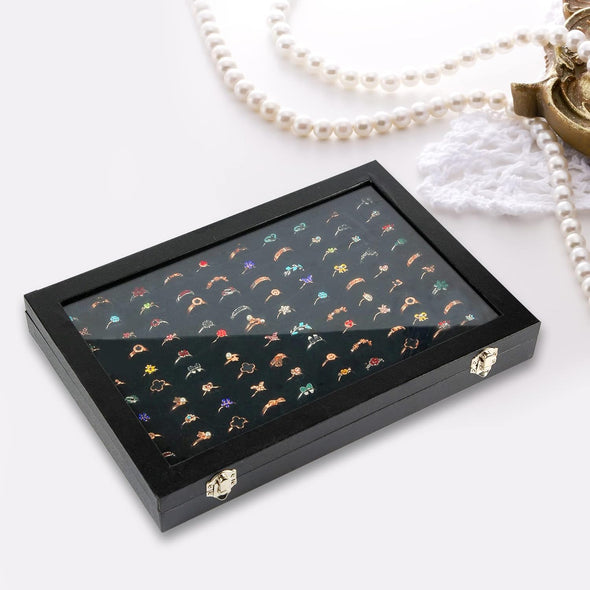 Ring Display Case Organizer Box with Transparent Lid, 100 Slots Ring Storage Display Box Case Tray Holder PU Leather Black