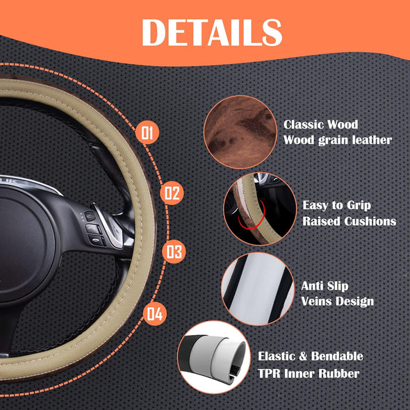 CAR PASS Wood Grain Microfiber Leather Steering Wheel Cover, Universal Fit for 14 1/2-15 Inch Beige Steering Wheel, Anti-Slip Veins Design, Cars,Suvs,Minivans, Sedans (Beige)