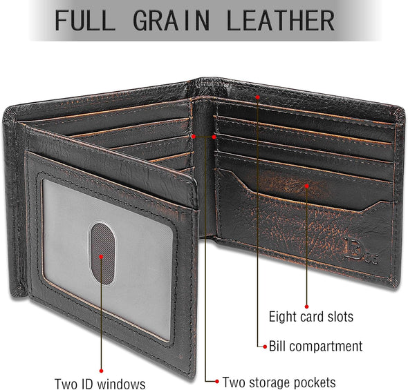 DK86 Mens Wallet USA Flag Bifold Wallet for Men RFID Blocking Full Grain Leather with Hand Burnished Extra Capacity Multiple Card Slots with 2 ID Windows