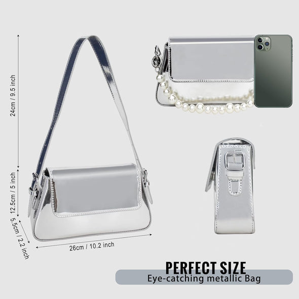 Evening Y2K Silver Hobo Purse Women Sparkly Silver Purse Satchel Metallic Tote Handbag Clutch Shoulder Bag 2024
