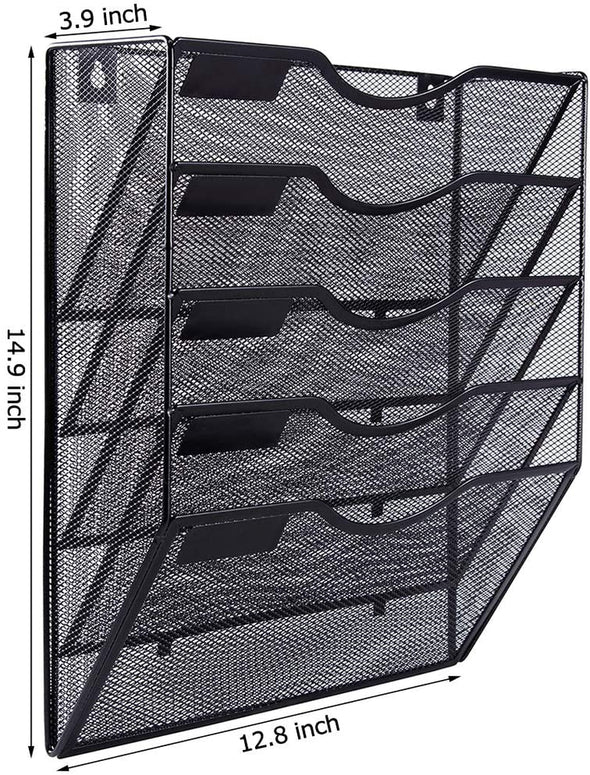 EASEPRES 5 Pocket Mesh Hanging Wall File Organizer, Wall Mounted Mail Paper Document Folder Holder, Clipboard Storage Organization Magazine Rack with Nametag Label for Office Home School, Black