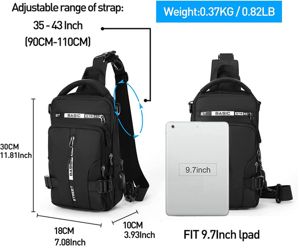SEAFEW anti Theft Sling Crossbody Backpack Shoulder Bag for Men, Lightweight One Strap Motorcycle Back Pack Sling Bag Backpack for Hiking Walking Biking Travel Cycling with USB Charger Port