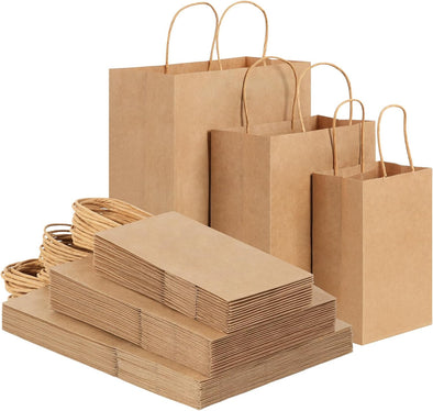 OUTUXED 120Pcs Paper Bags with Handles Assorted Sizes Kraft Brown Paper Gift Bags Bulk 3 Mixed Sizes for Retail, Party, Birthday, Gift, Shopping, Business, Merchandise