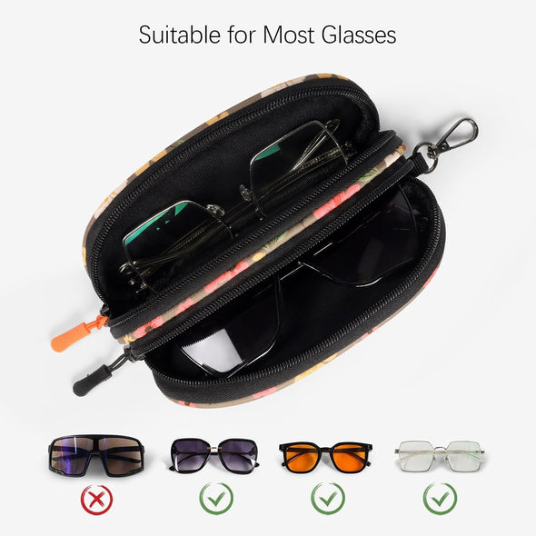 Double Eyeglasses Case Soft Portable Zipper Sunglasses Pouch with Keychain Clip for Men Women