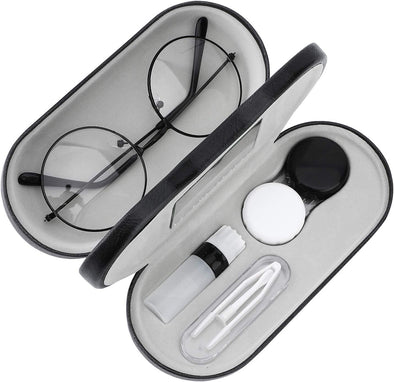 Moko Double Eyeglass Case, Contact Lens Case with Mirror Tweezers Remover, 2 in 1 Double Sided Portable Contact Lens Box Holder Container Soak Storage Kit Sunglasses Pouch for Men & Women, Black