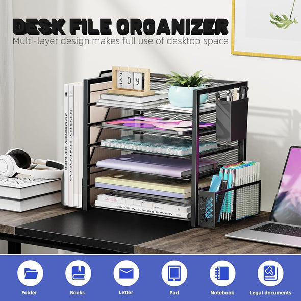 Simple Trending 6 Tier Desk File Organizer, Paper Letter Tray Organizer with File Holder and Pen Container, Black