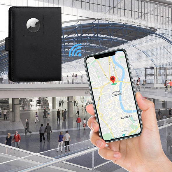 GOAUS Passport Holder for Travel with Airtag Card Slots, Money Pocket, Women Men RFID Blocking Wallet Book Case Black