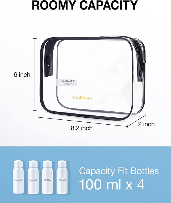 BAGSMART Clear Toiletry Bag, 2 Packs TSA Approved Water Resistant Quart Size Travel Organizer, Airport Airline Travel Essential Carry on Makeup Cosmetic Bags for Women, Black