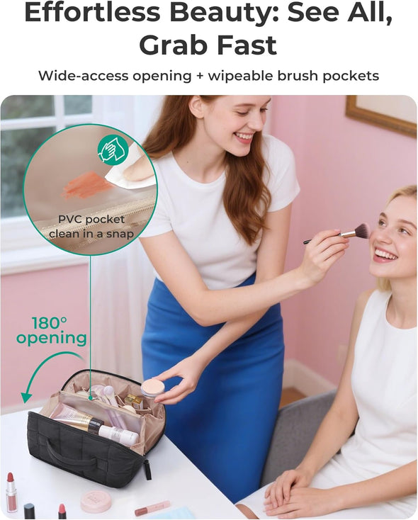 BAGSMART Travel Makeup Bag for Women, Portable Water-Resistant Cosmetic Case, Puffy Padded Make up Organizer Pouch, Open Flat Toiletry Bag for 