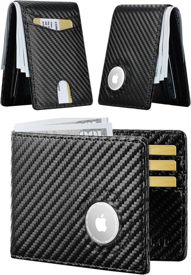 Furid Apple Airtag Wallet Men Slim: Air Tag Wallet with Airtag Holder, RFID Blocking, Bifold, Front Pocket, Minimalist Card Wallet, Carbon Fiber Wallet
