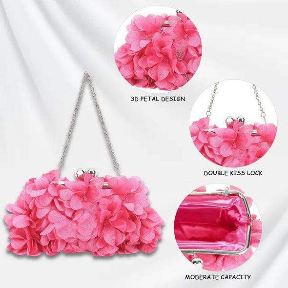 Women Elegant Evening Purse, Small Floral Clutch Bag with Detachable Chain for Wedding, Party, Prom