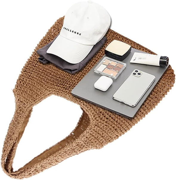 Hand-Woven Soft Large Straw Shoulder Bag Boho Straw Handle Tote Retro Summer Beach Bag Rattan Handbag