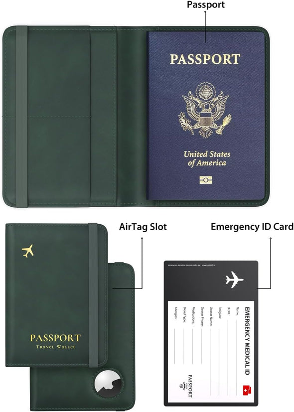 Passport Holder with Airtag Slot, Airtag Passport Wallet for Men, Slim Leather Passport Holder Case Family for Travel Anti-Lost, Green
