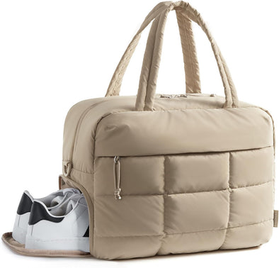 BAGSMART Puffer Travel Duffel Bag, Small Gym Bag for Women, Water-Resistant Weekender with Shoe Compartment, Camel