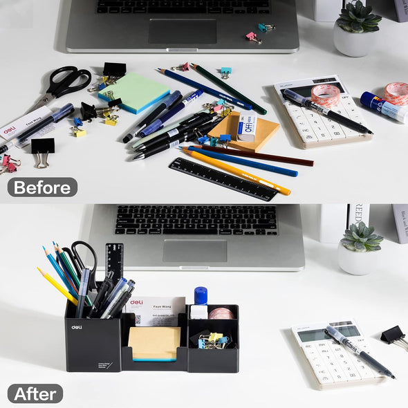 Deli Desk Organizer, Plastic Desktop Organizer with Pencil Holder and Sticky Note Tray, Office Stationery Supplies Organizers Accessories Caddy, 6 Compartments, Black