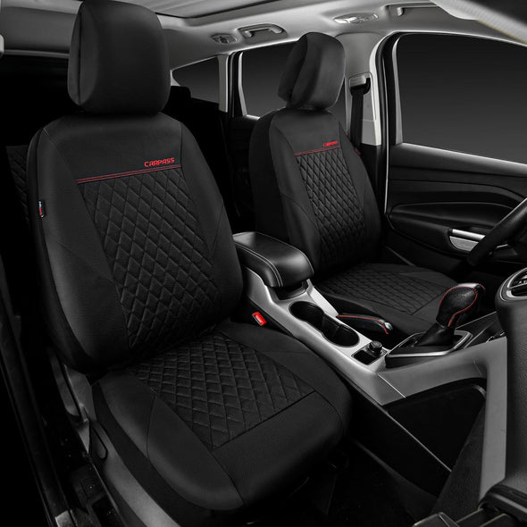 CAR PASS Quilting Leather Seat Cover Two Front Seats Only, Universal Fit Automotive Front Seat Covers Waterproof Deluxe PU Premium Vinyl Luxury for Cars Sedan Van SUV Airbag Compatible 2 Pieces,Black