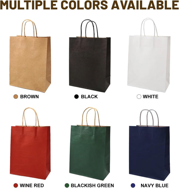Gift Bags 8.25"X5.9 "X3.15" 100Pcs Brown Kraft Paper Bag with Handles for Small Business Christmas Bulk, Wedding, Party Favor, Shopping, Lunch, Halloween Trick-Or-Treat Bags