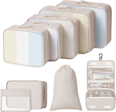 Packing Cubes for Travel - 9 Set Large Travel Cubes Luggage Organizer Bags Set with Laundry Bags/Shoe Bag/Toiletry Bag (Beige)