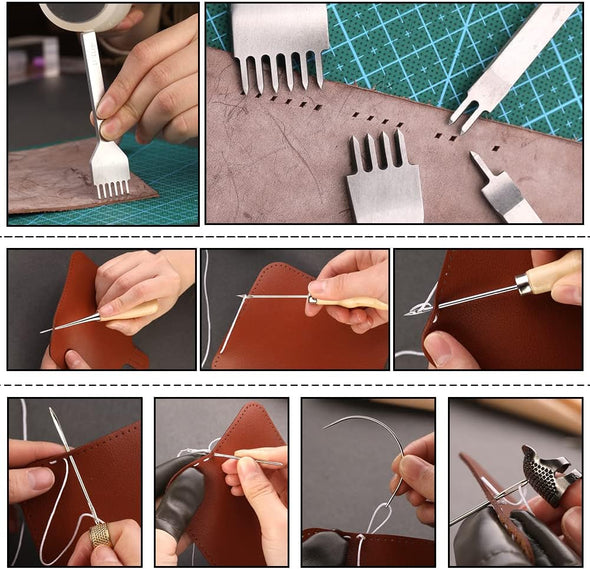 Leather Working Tools Leather Craft Tools for Carving Stamping Sewing Punching Cutting with Custom Custom Storage Bag Professional Tooling Kit for Crafting, Repair & DIY Projects