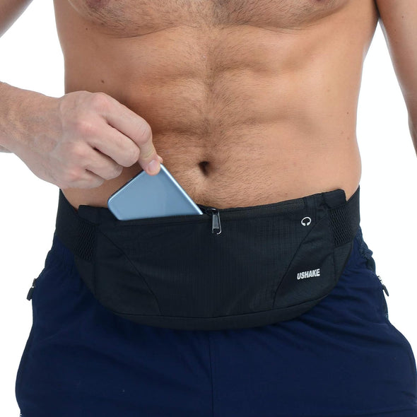 USHAKE Running Belt,Men or Women Ultra Light Bounce Free Waist Pouch Bag Fitness Workout Belt Sport Waist Pack Exercise Waist Bag for Iphone Samsung LG in Running Gym Marathon (BLACK)