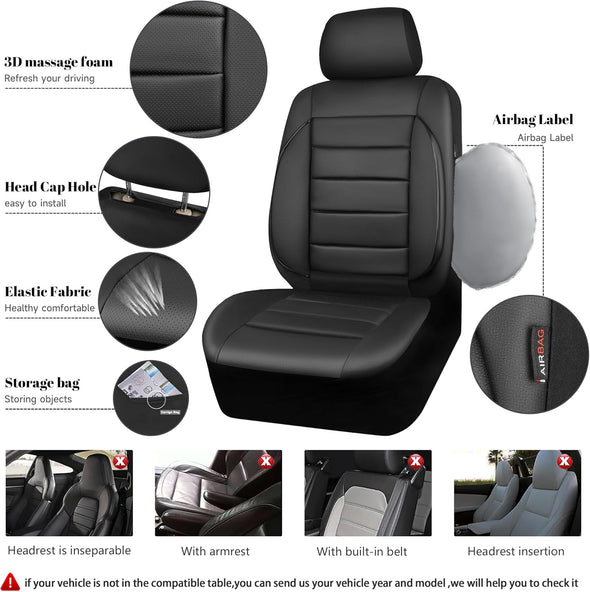 CAR PASS Faux Leather Car Seat Covers Front Seats Only, 3D Foam Support Car Seat Covers, Universal Fit for Trucks Vans Suvs Sedans Automotive Comfortable, Airbag Compatible 2 Pieces Front Solid Black